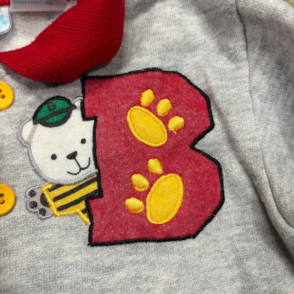 Little Miracles Boy Coverall Bear Patch Grey Black Red Yellow Size 6/9M